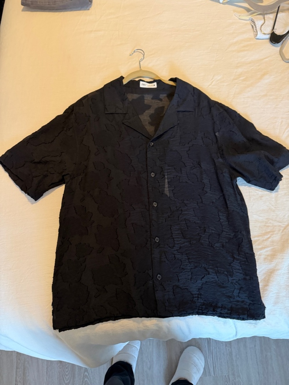 Zara Black Textured Short Sleeve Button-Down Shirt